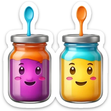 two small glass jars with metal lids filled with colorful purée no label or extras soft lighting subtle shadows emoji scale sticker