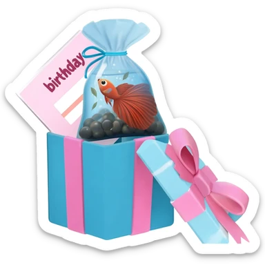 birthday gift box put a  box in pink and blue strap put a betta fish bag and a betta fish inside of the betta fish bag in birthday gift box and a birthday card by-side the gift sticker