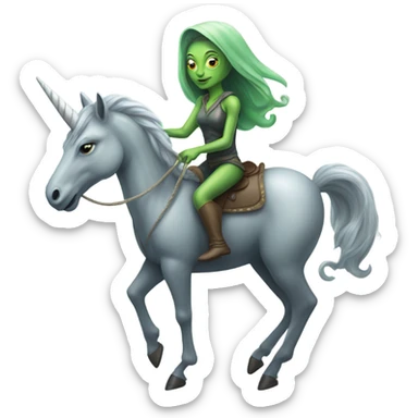 a green amazon alien woman on a grey unicorn sticker