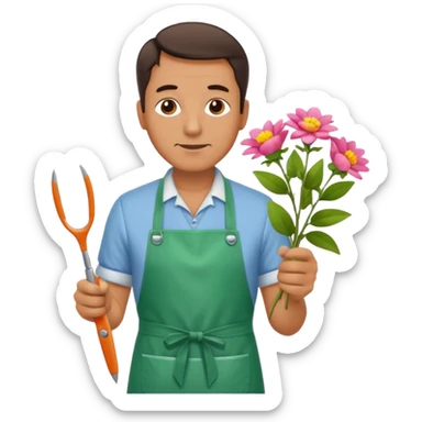 Middle-aged male florist – apron on, trimming stems with scissors sticker