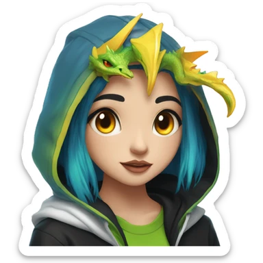 Lady with brunette and iridescent blue hair, gold, lime green dragon wings, black hoodie, bleach dyed, black and gold Nike t shirt, and bright red eyes sticker
