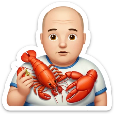 a bit fat man with a buzz cut eating a lobster sticker