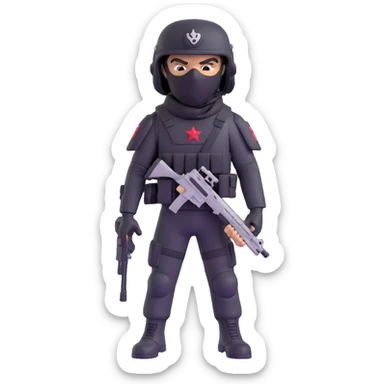 armed figure in all-black military clothing, shiesty mask, and helmet sticker