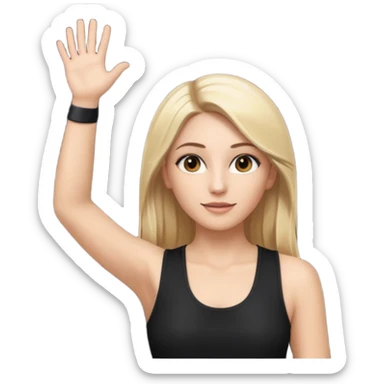 I want a white female dj animated gif emoji with long straight centre parting blonde hair, brown eye brows and putting hands up in the air. Wearing a black tight top with no sleeve sticker