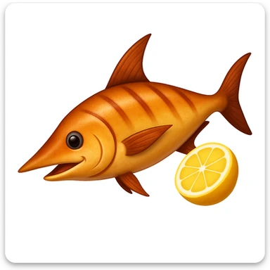 Add a prominent sword-like bill to the cooked swordfish with lemon slice, emoji style. Keep the cooked look, no garnish. sticker