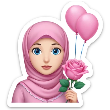 Turkish beautiful finish Konya girl blue eyes with pink hijab islamic dress and had on her hand Rose baloons  sticker