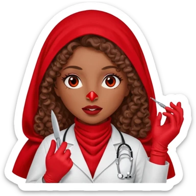 Lilith scalpel in hand, evil surgeon sexy surgeon clothes.  She has red eyes. She brown long curly hair. Wears sexy doctor outfit with red gloves. Covers mouth necknose with red burka to hide her identity sticker
