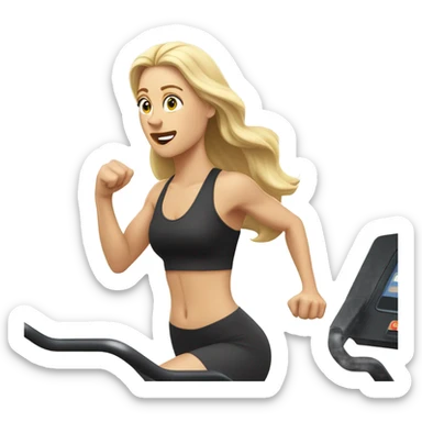 White woman, long hair, blonde hair, wavy hair, treadmill, sweating sticker