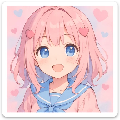 adorable anime-style girl, heart hair clips, smiling, pink and blue palette sticker