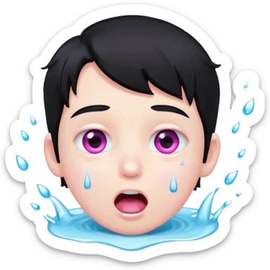 Boy with black hair, pink eyes rolled back, mouth open , water dripping from chin sticker