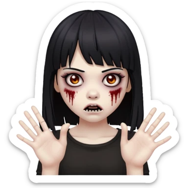 uma menina zumbi com cabelo preto e liso e uma franja. ela tem um estilo meio emo e com as mãos para frente com uma cara assustadora  sticker