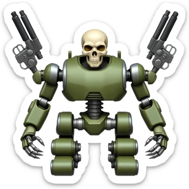 four-armed skull-headed tank mech with four mechanical arms with guns, skull head with cables, tank tread lower body, aggressive expression, shiny metal with minimal color accents, preserve all proportions, pose, and details, apple emoji style motorcycle  sticker