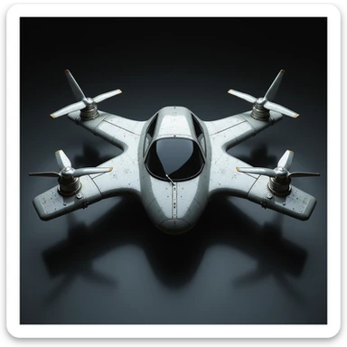 a realistic flying car with four wings: two wings on each side, and two additional wings perpendicular to each of the side wings on top, with propellers on all wings, metallic finish, detailed textures, dramatic lighting, photorealistic style sticker