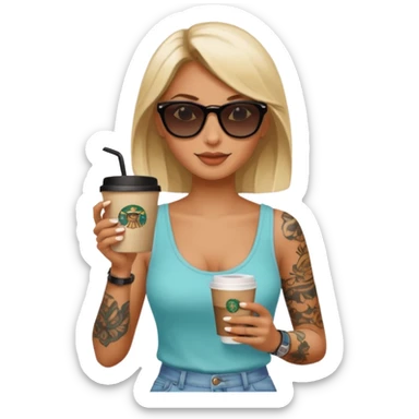 gözlük takan, dövmeli ve elinde kahve tutan, yaz kıyafetli bir kadın sticker