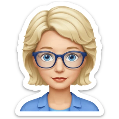 woman 60 very short weavy blonde haire, rectangle glases, blue eyes sticker