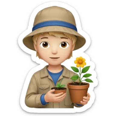 young boy wearing bucket hat, holding a flower pot sticker