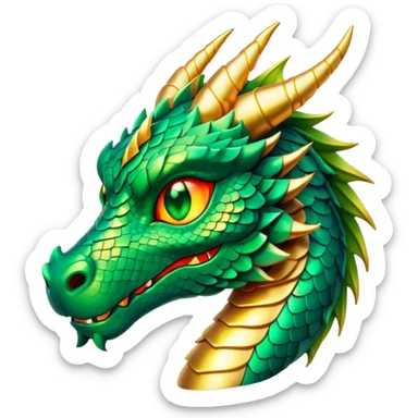 Cinematic Noble Dragon Portrait Emoji, Poised and majestic, with a sinuous, elongated body covered in intricately detailed, shimmering scales in hues of emerald and gold, and piercing, fiery eyes that reflect ancient wisdom; rendered with lifelike texture and natural highlights, high shine, intelligent and formidable, styled with an aura of mythic power, focused and attentive, soft glowing outline, capturing the essence of a legendary dragon that appears ready to soar out of the screen with timeless authority! sticker
