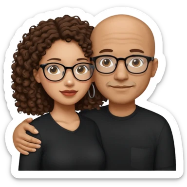 A mixed girl with glasses, the girl is wearing a black shirt, the girl has brown curly hair  and the girl has big boobs. A Mexican man is embracing her, with black bald hair sticker