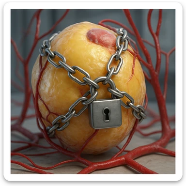 adipocyte with visible capillaries locked by chains and padlock, hyper realistic 4K, anatomical details, clinical atmosphere sticker