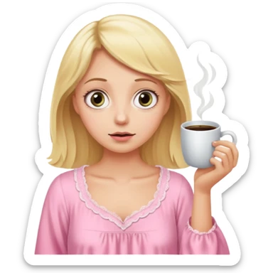 A blonde woman in a pink nightgown with wide eyes looks for coffee. sticker