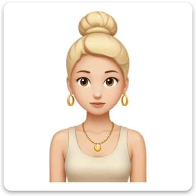 clean girl aesthetic emoji, minimalist outfit white tank top, gold necklace, slick bun, glowing skin, soft beige background sticker