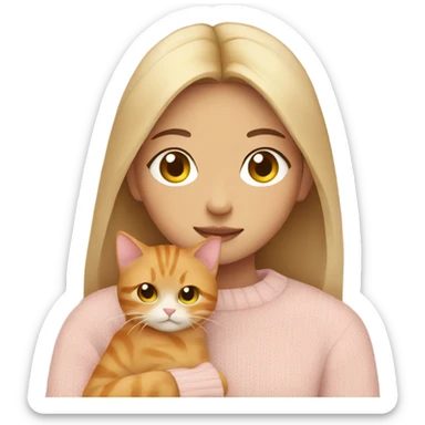 asian girl wearing a pale pink sweater  holding a ginger cat sticker