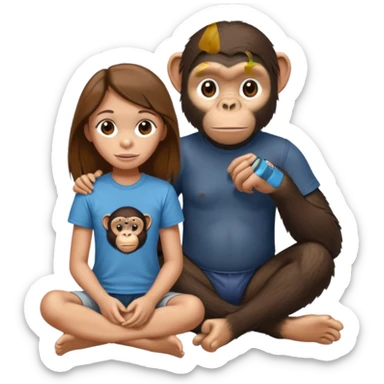 un chiomapnze sentado en el suelao al lado de una chica sticker