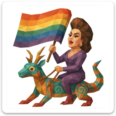 drag queen on a low-poly alebrije, holding an LGBTQ flag, low-poly polygonal illustration sticker