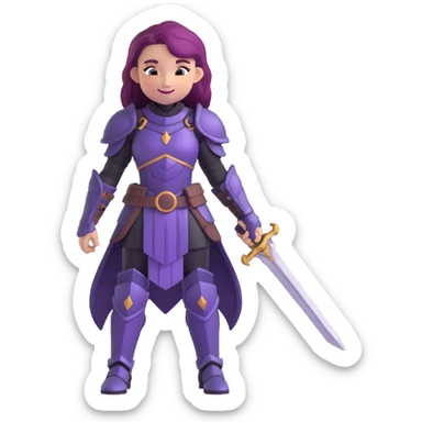 mysterious warrior girl with flowing purple hair, dressed in black armor, smiling gently, emoji style sticker