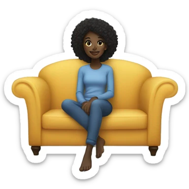 black girl, straight hair, lounging on a comfy blue couch, with her feet up, looking relaxed and happy sticker