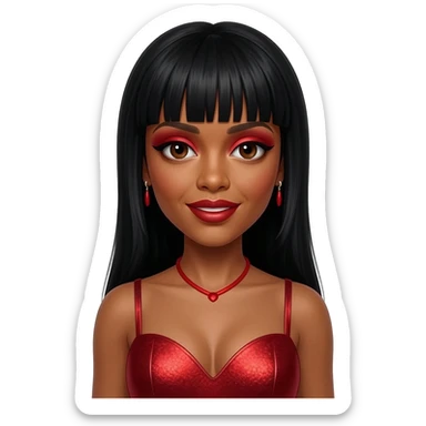 Kelly Rowland with dark brown eyes, red eyeshadow and lipstick, long black straight hair with bang, red metallic sweetheart dress, red necklace and earrings sticker