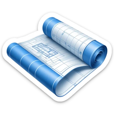 blue blueprint plan with white lines, partially rolled up, perspective view sticker
