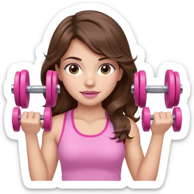 girl with wavy long brown hair, brown eyes, light to medium complexion, long lashes, light pink lipstick, wearing light pink shirt, lifting a pink dumbbells in a sports top sticker