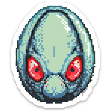 a strange large transparent alien egg, floating inside with a visible creature inside, embryo, embryonic, fetal shape, primordial, 3 glowing red eyes, illuminated from above sticker