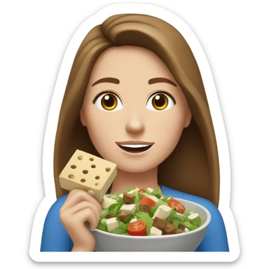 White girl Brown hair blue eyes freackles eating Tofu salad sticker