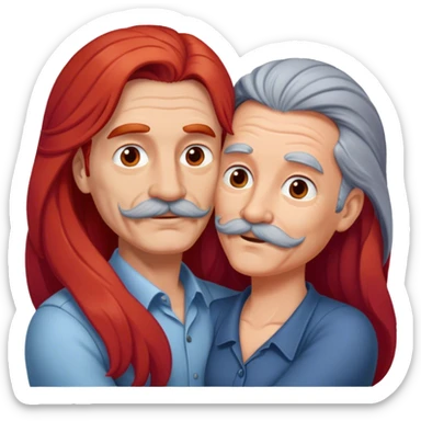 Long red hair woman and gray hair man with mustache and without wrinkles hugging sticker