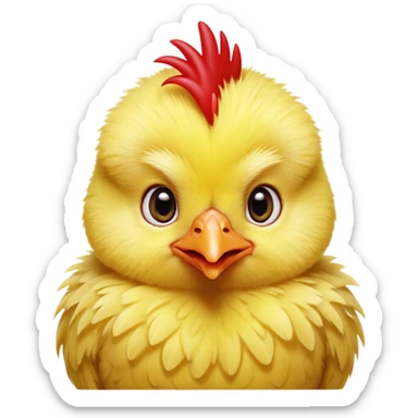 Cinematic Cute Yellow Baby Chicken Portrait Emoji, Head tilted playfully and inquisitively, featuring a fluffy, vibrant yellow downy coat with a tiny red comb, round, sparkling beady eyes filled with curiosity, Simplified yet irresistibly adorable features, highly detailed, glowing with a warm, friendly glow, high shine, affectionate and lively, stylized with a touch of playful whimsy, bright and endearing, soft glowing outline, capturing the essence of a mischievous yet loving chick, so playful it feels like it could peep out of the screen and into your arms! sticker