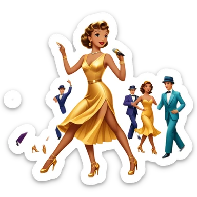 Vintage movie poster-style icon for a musical film. The cityscape glows in the background, evoking the golden era of musicals. A vibrant street scene with bright lights, dancers mid-step, a singer with a microphone. Transparent background. sticker