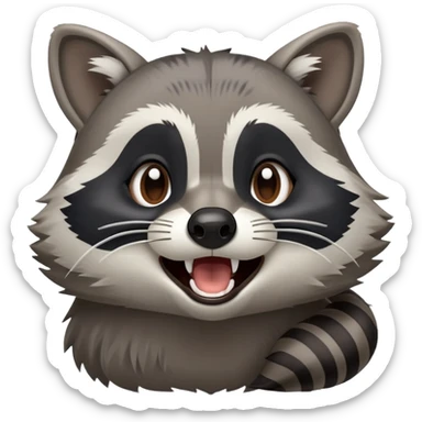 Cinematic-Cute-Yawning-Raccoon-Portrait-Emoji – Head tilted slightly with a dramatic, wide-open yawn, revealing a soft grey and black fur with a striped bushy tail, round brown eyes barely open in drowsy curiosity zoome out to show shoulders sticker