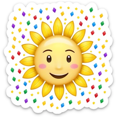 bright sun with smiling face and colorful confetti, representing 'Good morning and happy Friday, team!' mood sticker
