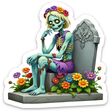 Cinematic ultra detailed 32k HD Psychedelic colored hippie style zombie with flowers sitting on a tombstone sticker