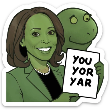 Kamala Harris bald holding a sighn saying I aborted my last brain cell sticker