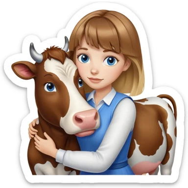 Woman with brown hair and blonde highlights, bangs in front, blue eyes, hugging a cow sticker