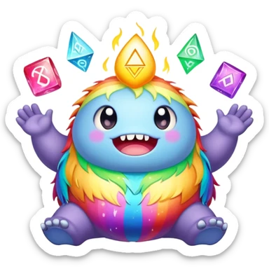 Kawaii derpy fat rainbow monster surrounded by magic runes, rich textures, visually rich, so lifelike that it feels like it could leap off the page at any moment sticker