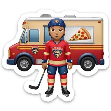 The galaxy with a with a Florida Panthers player
With a taco truck and a pizza truck with a house
With a museum behind it that has football players sticker