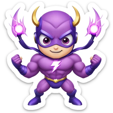 adorable purple insect superhero with big bulging muscles, electric lightning arms, huge cartoon eyes, and a confident smiling expression sticker