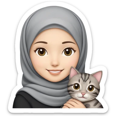 Asian white girl wearing pretty hijab holding a black grey tabby cat with smiling sticker