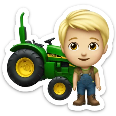 3 year old Blonde headed little boy riding a John Deere tractor sticker