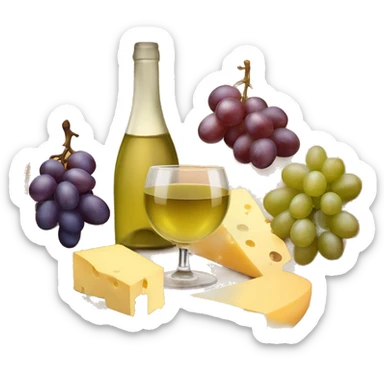 Circle wooden board with different kind of cheese, grapes and a glass of white wine sticker