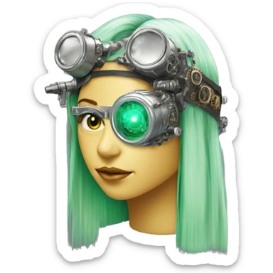 Light green long hair female cyborg head with silver steampunk goggles as a headband, circuits sticker